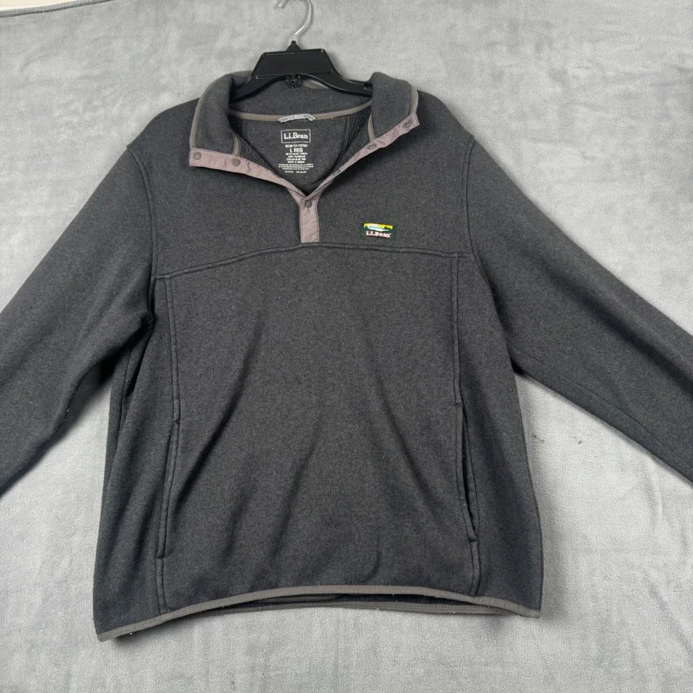 LL Bean Mens Sweater Fleece Pullover Charcoal Gray Snap Neck L REG 298056